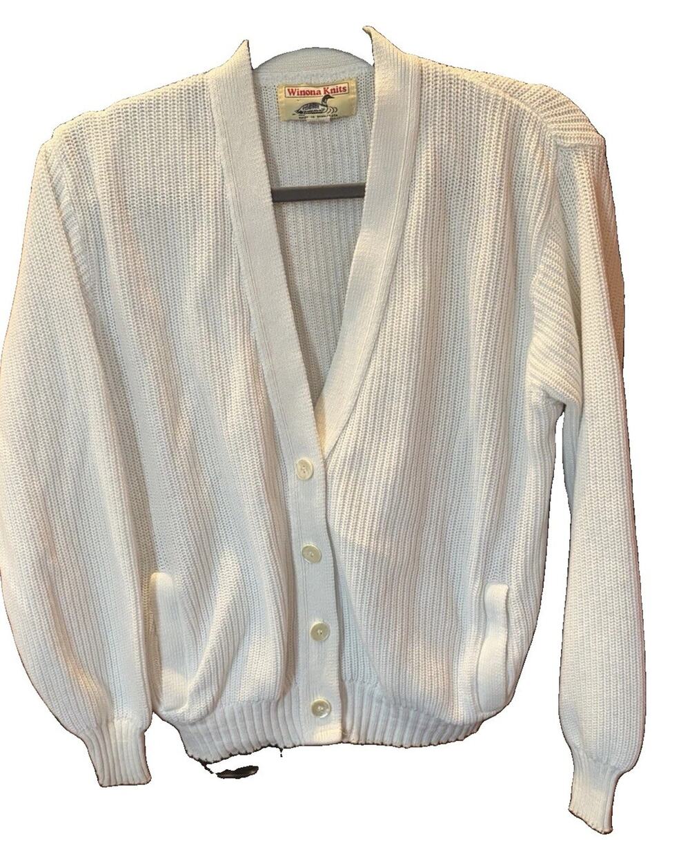 VTG Winona Knits Women White Ribbed Cardigan Sz L Pockets Grandmacore Coastal